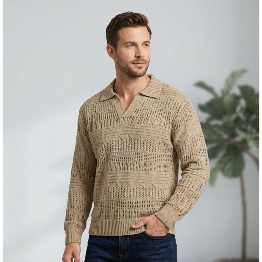 Herberton Men L Open Knit Polo Sweater Tan Beige Openwork V-Neck Long Sleeve